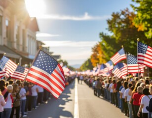 A patriotic crowd of people holding American flags line a small town street during a sunny day parade.
