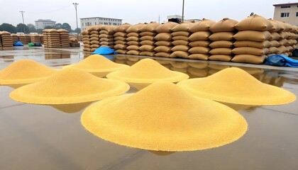 Obraz premium Unseasonal rains in Gujarat. Flooded Grain Circle at Vasudha Ingrawale Warehouse – Rural Gujarat Monsoon Scene