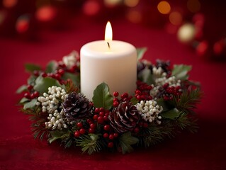 Festive candle surrounded by seasonal greenery and pinecones on a red table