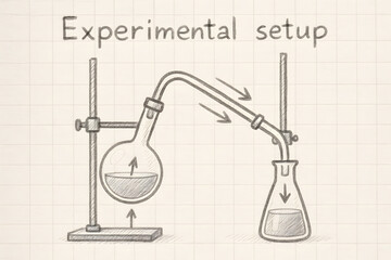Scientific experiment diagram showing a distillation setup with arrows indicating liquid flow