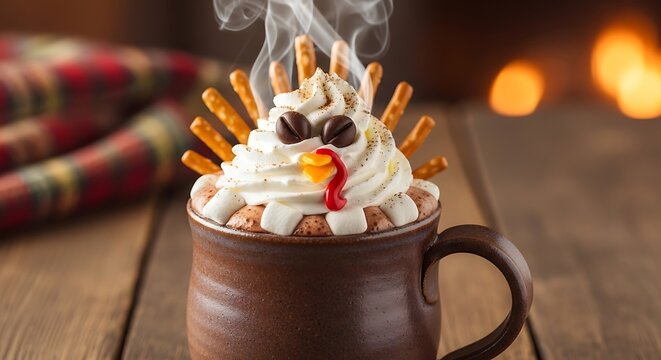 Festive thanksgiving turkey hot chocolate in a mug with whipped cream and pretzel feathers steaming