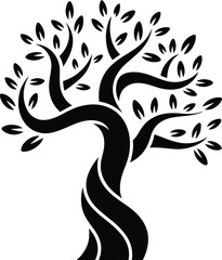 Stylized twisted black tree with many leaves silhouette symbolizing growth life nature