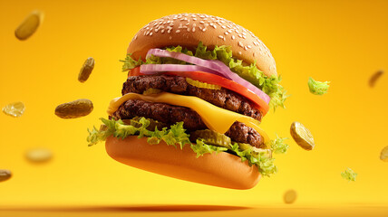 Juicy Hamburger with Lettuce, Cheese, Bacon and Tomato on Yellow Background
