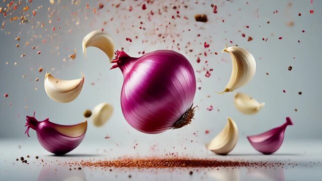 Red onions, garlic cloves, and fine spice particles floating gracefully in a bright white studio space onion spinning in perfect balance