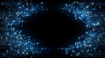 Circuitry Symphony: A mesmerizing display of interconnected circuit boards pulses with glowing blue light against a stark black backdrop.