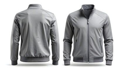 Sleek modern grey bomber jacket showcasing front and back views, perfect for fashion and lifestyle branding