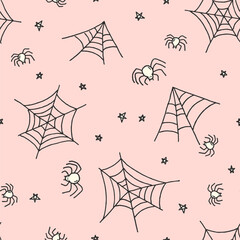 Hand drawn Halloween vector seamless pattern with scary spiders and cobweb. Cute and playful endless background for holiday design, textile, wallpaper. Whimsy illustration. Halloween pattern