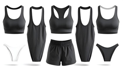 Elevate your activewear collection with this modern, sleek set featuring sports bras, tank tops, shorts, and briefs in versatile black and white tones.