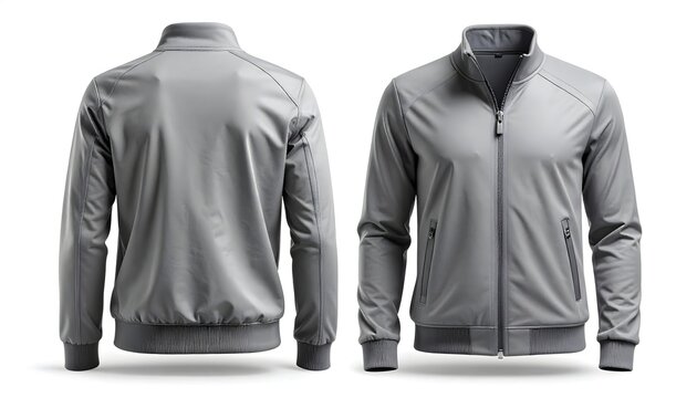 Sleek modern grey bomber jacket showcasing front and back views, perfect for fashion and lifestyle branding