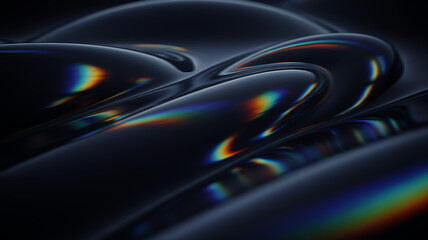 A mesmerizing abstract background featuring smooth, dark, and glossy waves with iridescent reflections and refractions