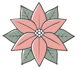 Fototapeta premium Stylized illustration of a pink poinsettia flower with green leaves and a white center