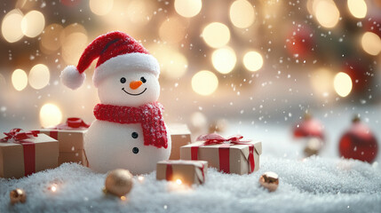 Fototapeta premium cartoon snowman in red santa hat with gift boxes, blurred holiday lights, stock meme,