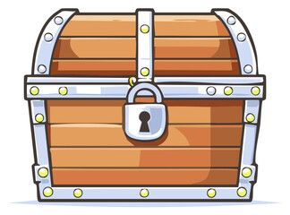 Cartoon wooden treasure chest with a metal padlock Treasure box cartoon illustration with decorative metal details and rivets