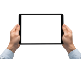 Hands holding a black tablet computer isolated on transparent background