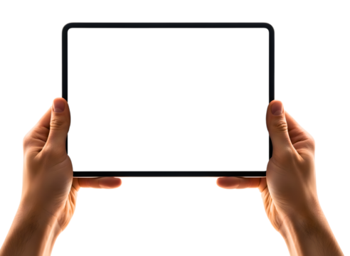 Hands holding a black tablet computer isolated on transparent background