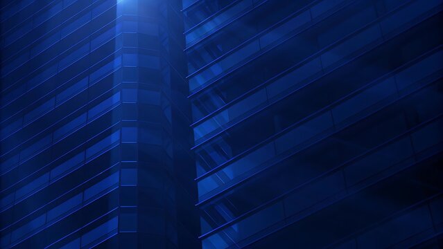 Abstract view of a modern building facade with geometric patterns in shades of deep blue color