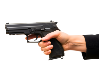Hand holding a black pistol gun isolated on transparent background
