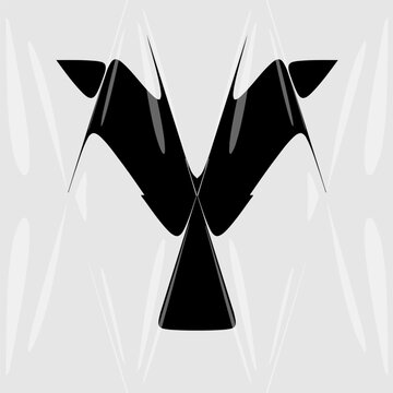 Abstract distorted letter Y with liquid glass refraction effect. Modern black and white design featuring bold typography warped through optical distortion and glossy prism reflections.
