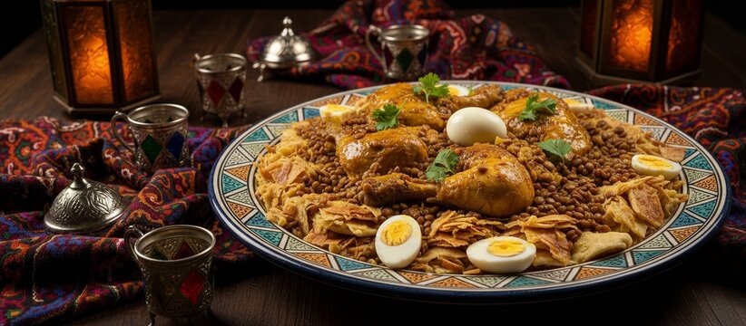 Rfissa Served on a Large Moroccan Ceramic Plate with Traditional Spices