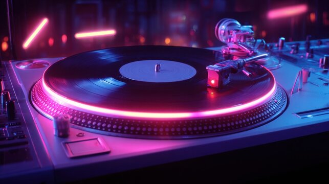 A turntable spins in a lively nightclub, surrounded by colorful neon lights. DJs mix music while guests dance, creating an electric atmosphere filled with energy and excitement.