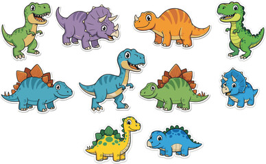 Obraz premium Set of colorful cartoon dinosaurs, cute and friendly prehistoric creatures for children's illustrations