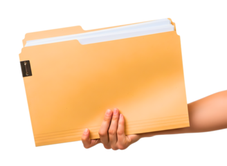 Hand holding a manila file folder isolated on transparent background