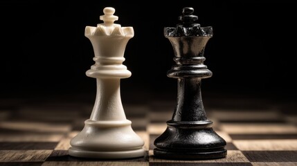 Fototapeta premium Two chess king pieces stand side by side on a wooden chessboard. One is white and the other is black, set against a dark backdrop that highlights their detailed designs.