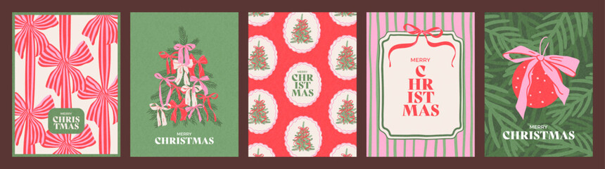 Fototapeta na wymiar Hand drawn cards set of Merry Christmas and Happy New Year. Vintage concept with gift bows, Christmas tree and ball. Minimalist trendy design for poster, cover, social media, banner, invitation