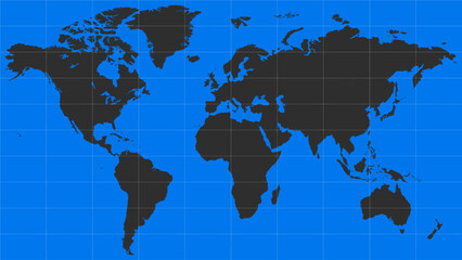 A minimalist world map, with the continents highlighted in dark against a bright blue ocean backdrop. The white coordinate grid lends a rigorous and scientific feel to the image, reminiscent of an