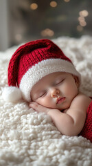 cute newborn in red santa hat sleeping on white fluffy blanket peaceful holiday scene cozy festive christmas atmosphere family warmth serenity winter moment