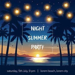 Summer night party poster with palm tree silhouettes, glowing lights, and sunset by the sea. Tropical beach event invitation design in a stylish vector illustration.