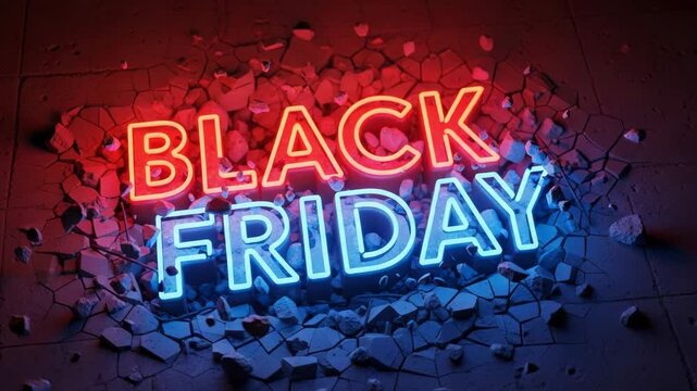 Cracked neon Black Friday sale promo video with vibrant colors and dynamic shattered stone effects to boost sales