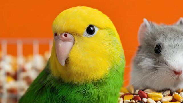 Curious interaction between parrotlet and hamster exploring seeds in vibrant setting