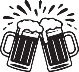 Two Beer Mugs Clinking with Foam Splash &ndash; Black and White Vector Illustration