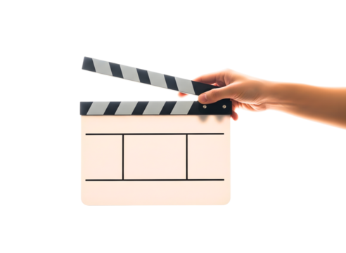 Hands holding a film clapperboard isolated on transparent background