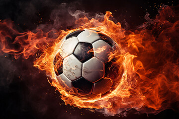 Fototapeta premium A soccer ball with a fiery trail indicates the speed of the moving ball.