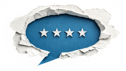 Digital illustration of a blue speech bubble with a textured, torn paper effect.