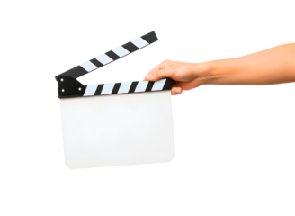 Hands holding a film clapperboard isolated on transparent background