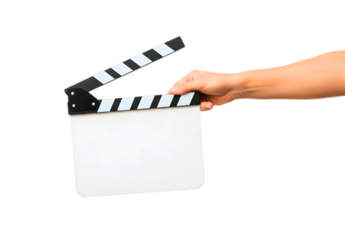 Hands holding a film clapperboard isolated on transparent background