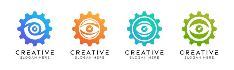 Set of gear eye logo design templates. Modern isolated gear and eye design for technology, surveillance and innovation.