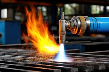 Oxy-fuel torch cutting metal, producing vibrant flame and bright sparks.