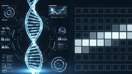 Futuristic digital interface displaying a glowing blue DNA helix for scientific analysis and genetic research - Powered by Adobe