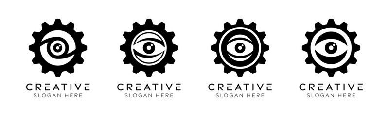 Set of gear eye logo design templates. Modern isolated gear and eye design for technology, surveillance and innovation.