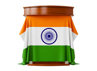 Indian flag draped over a wooden podium isolated on transparent background