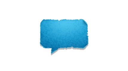 A digital illustration of a blue speech bubble with textured, torn paper effect.