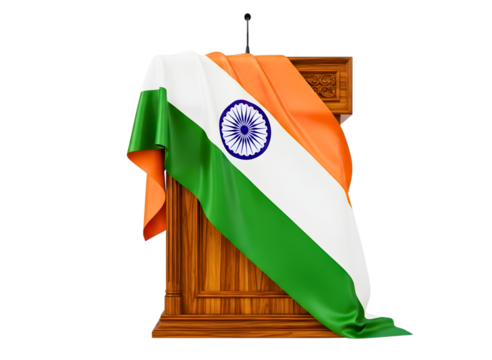 Indian flag draped over a wooden podium isolated on transparent background