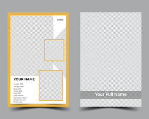 This is a modeling comp card. Its size is 5.5/8.5. It is a modern, sleek, and elegant design