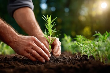 Fototapeta premium Close-up of hands planting a young green seedling in rich, dark soil outdoors.