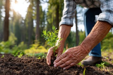 Close-up: mature hands planting green seedling in rich soil, sunlit forest.