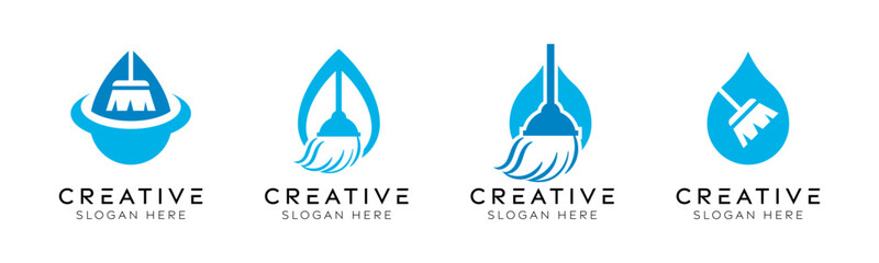 Set of broom water drop logo design templates. Modern isolated broom and water drop design for clean, fresh, and hygienic.